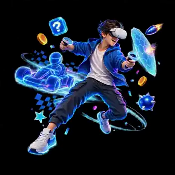 Persona con gafas de Realidad Virtual jugando con controles de movimiento — gaming y advergaming VR de Immersive VR-Media